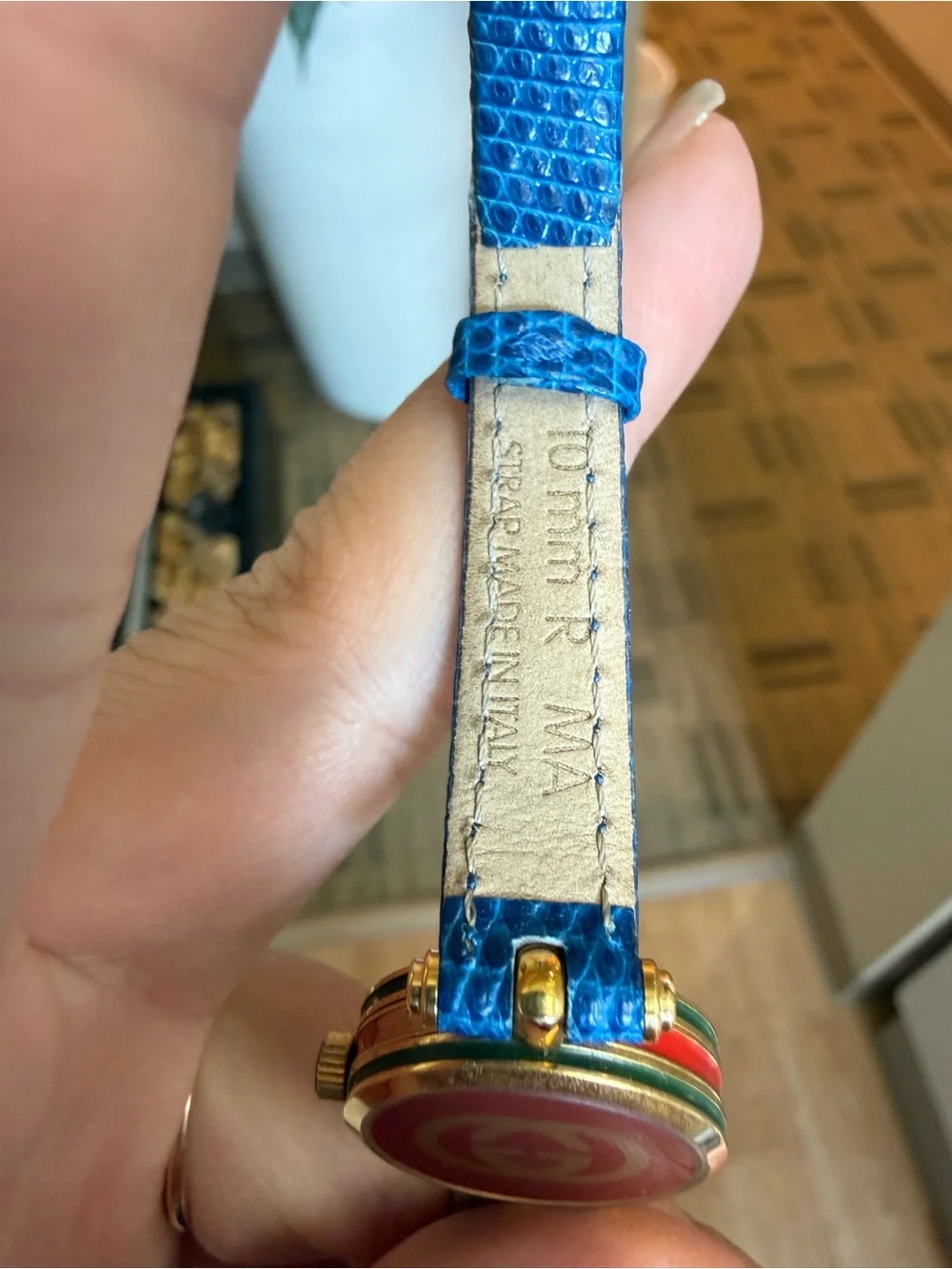 Gucci Blue Lizard Leather Watch with sherry line gold face 10mm